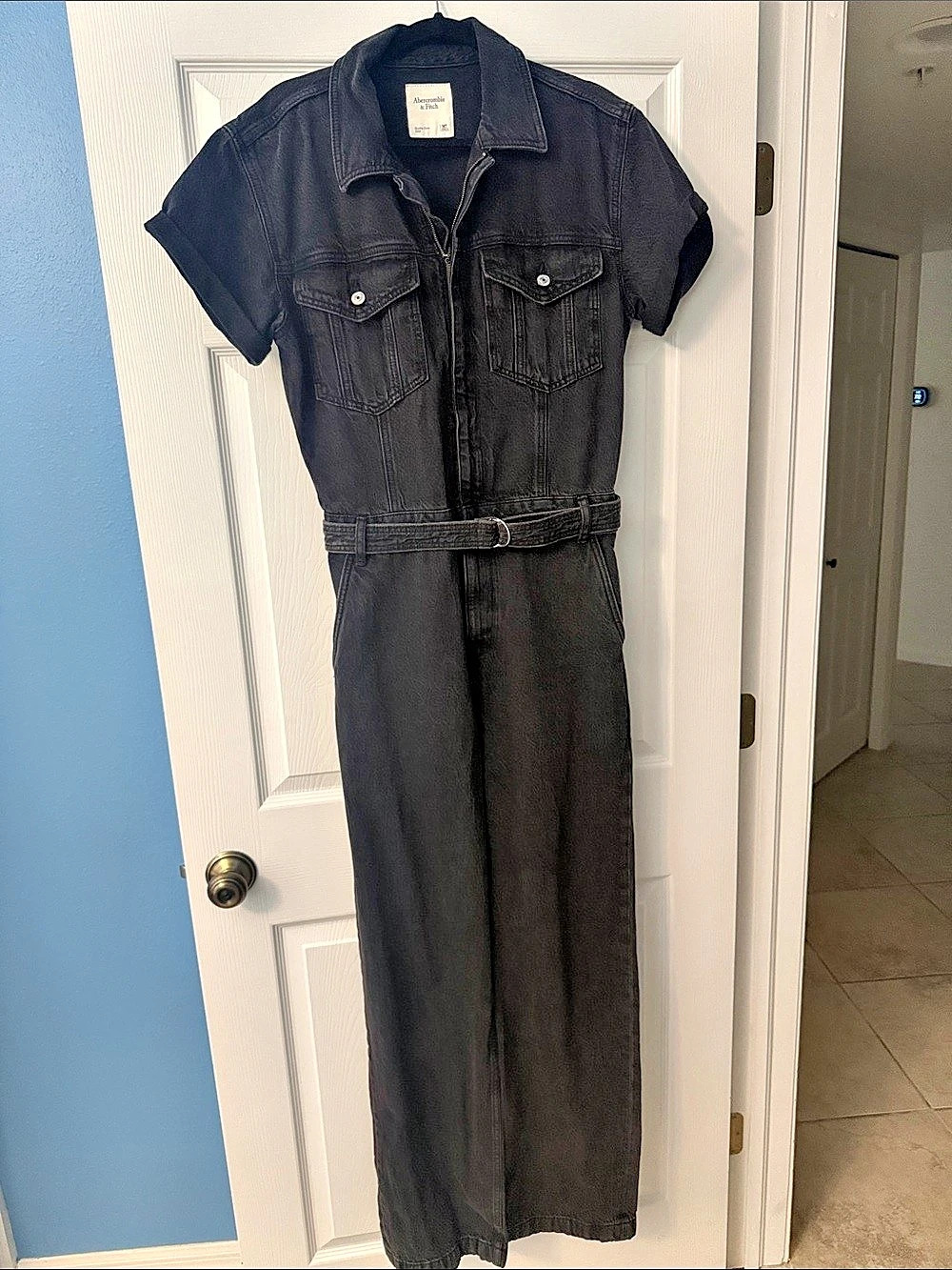 Abercrombie & Fitch Belted Denim Jumpsuit Black Medium TALL
